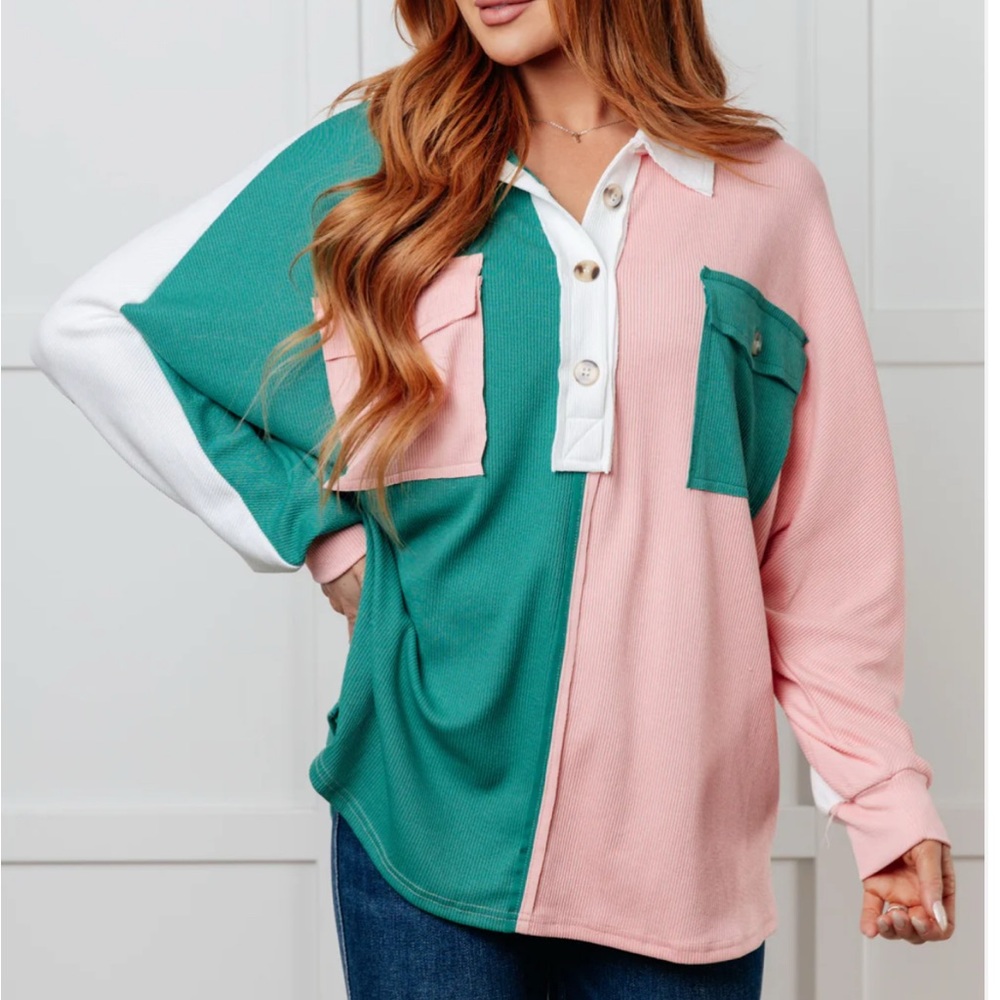 Colorblock V-Neck Henley in Green, Pink and White